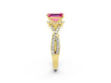 Yellow gold Emerald Cut Pink Sapphire  Halo Twist Band Solitaire Prong Setting Ring_50