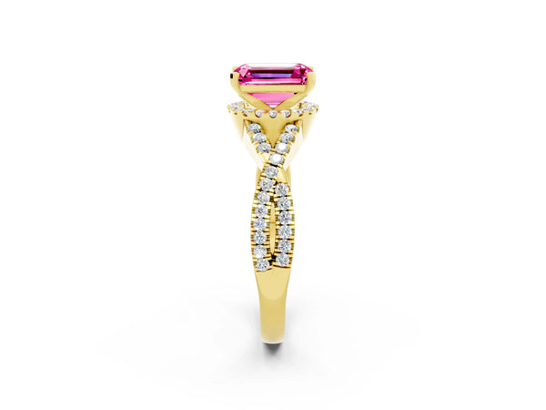 Yellow gold Emerald Cut Pink Sapphire  Halo Twist Band Solitaire Prong Setting Ring