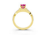 Yellow gold Emerald Cut Pink Sapphire  Halo Twist Band Solitaire Prong Setting Ring_51