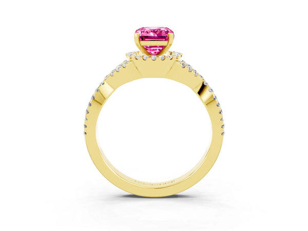 Yellow gold Emerald Cut Pink Sapphire  Halo Twist Band Solitaire Prong Setting Ring