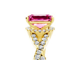Yellow gold Emerald Cut Pink Sapphire  Halo Twist Band Solitaire Prong Setting Ring_53