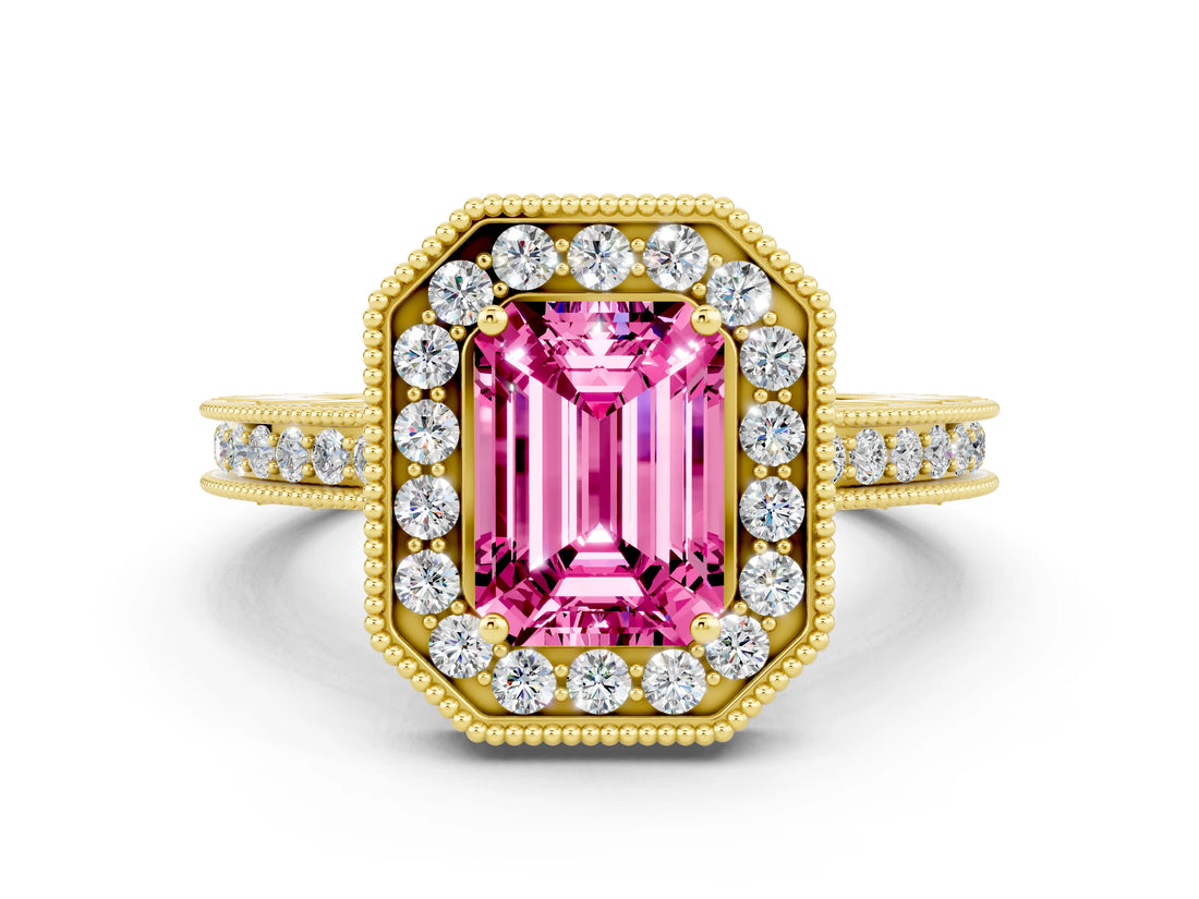 Yellow gold Emerald Cut Pink Sapphire Milgrain Halo Engagement Ring with Round Pavé Band and Prong Setting_12
