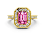 Yellow gold Emerald Cut Pink Sapphire Milgrain Halo Engagement Ring with Round Pavé Band and Prong Setting_12