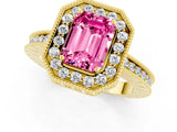 Yellow gold Emerald Cut Pink Sapphire Milgrain Halo Engagement Ring with Round Pavé Band and Prong Setting_13