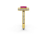 Yellow gold Emerald Cut Pink Sapphire Milgrain Halo Engagement Ring with Round Pavé Band and Prong Setting_14