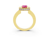 Yellow gold Emerald Cut Pink Sapphire Milgrain Halo Engagement Ring with Round Pavé Band and Prong Setting_15