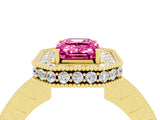 Yellow gold Emerald Cut Pink Sapphire Milgrain Halo Engagement Ring with Round Pavé Band and Prong Setting_16