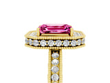 Yellow gold Emerald Cut Pink Sapphire Milgrain Halo Engagement Ring with Round Pavé Band and Prong Setting_17