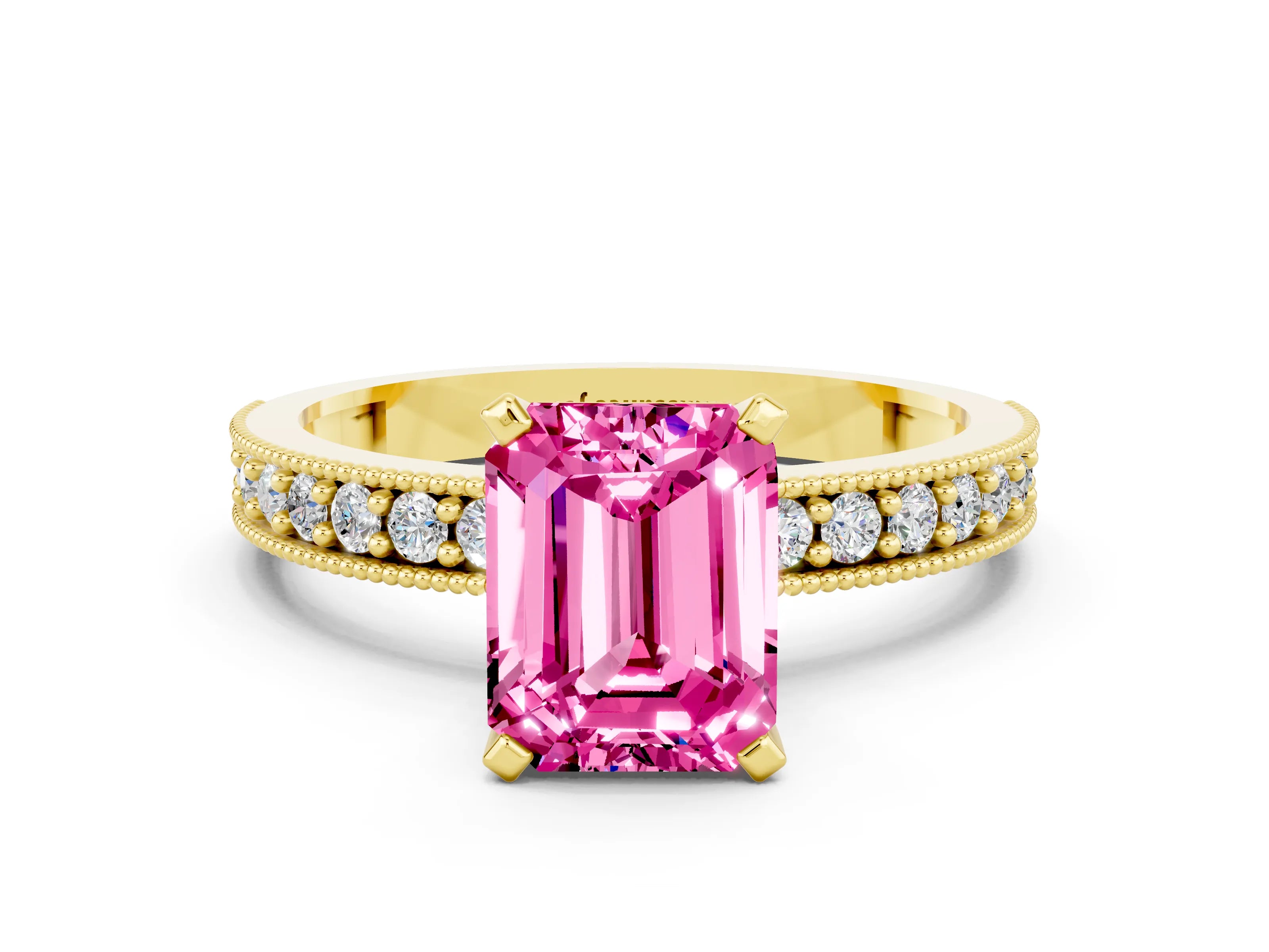 Yellow gold Emerald Cut Pink Sapphire Milgrain Pavé Engagement Ring with Four-Prong Setting_36