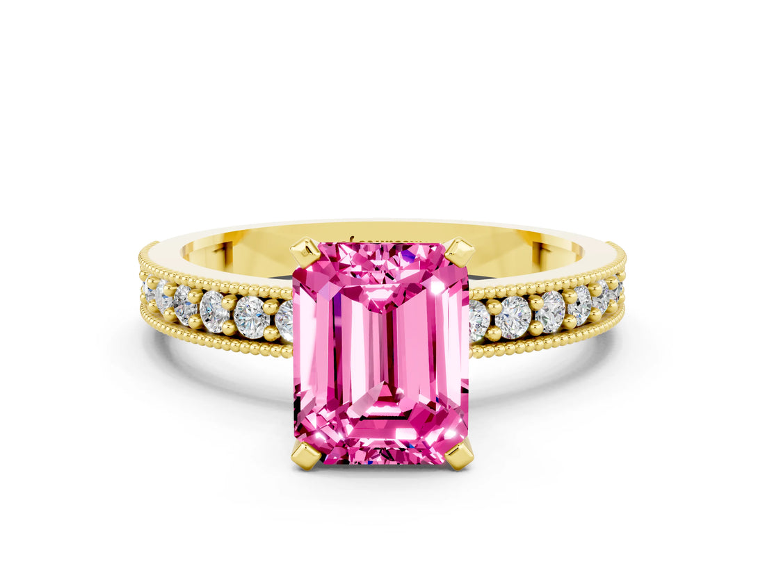 Yellow gold Emerald Cut Pink Sapphire Milgrain Pavé Engagement Ring with Four-Prong Setting_36