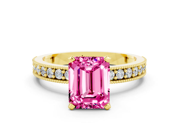 Yellow gold Emerald Cut Pink Sapphire Milgrain Pavé Engagement Ring with Four-Prong Setting