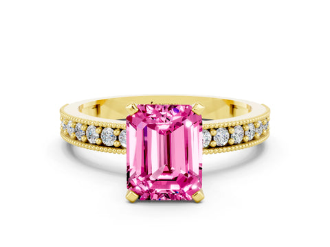 Yellow gold Emerald Cut Pink Sapphire Milgrain Pavé Engagement Ring with Four-Prong Setting_36