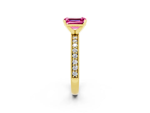 Yellow gold Emerald Cut Pink Sapphire Milgrain Pavé Engagement Ring with Four-Prong Setting_38