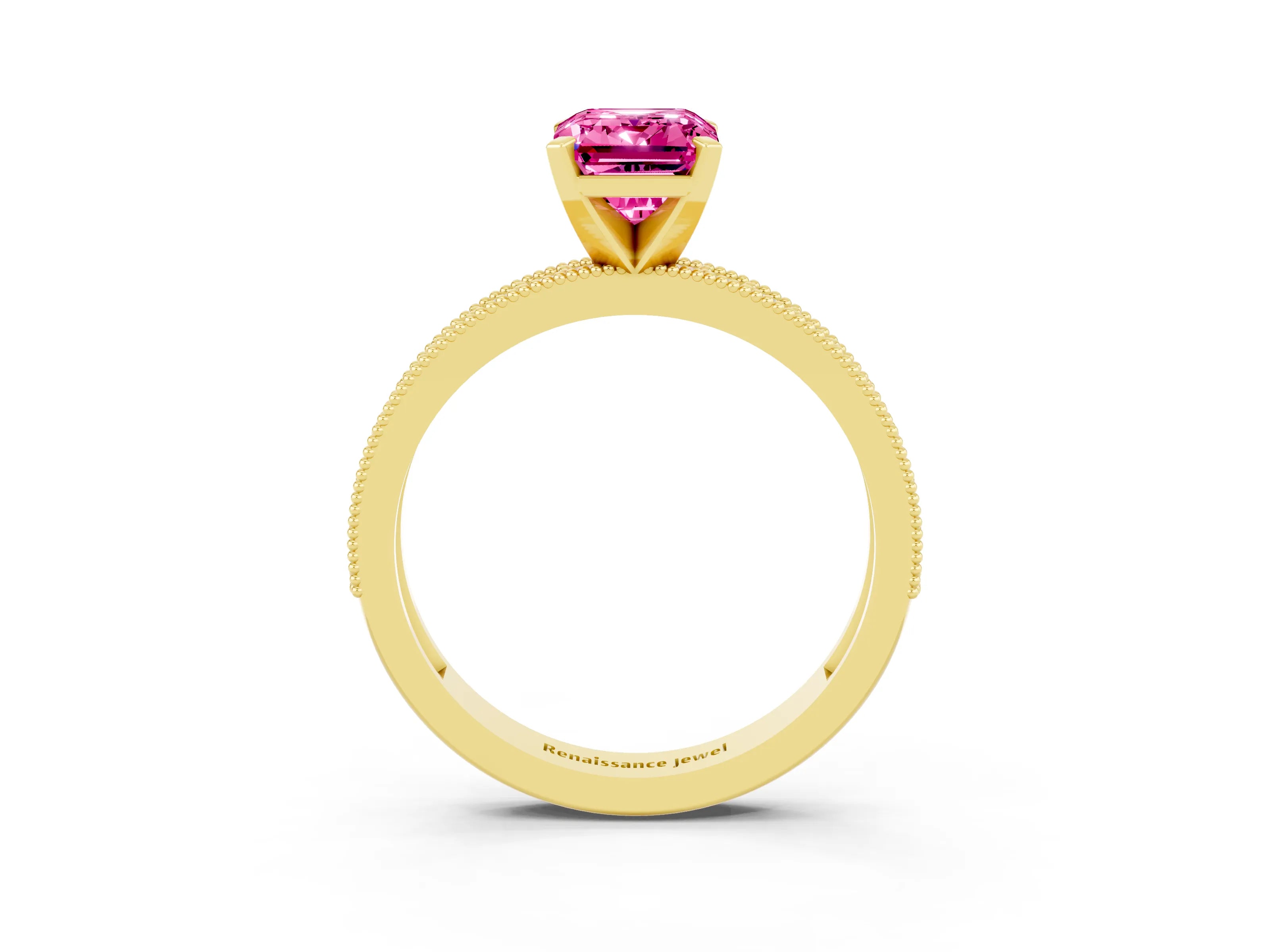 Yellow gold Emerald Cut Pink Sapphire Milgrain Pavé Engagement Ring with Four-Prong Setting_39
