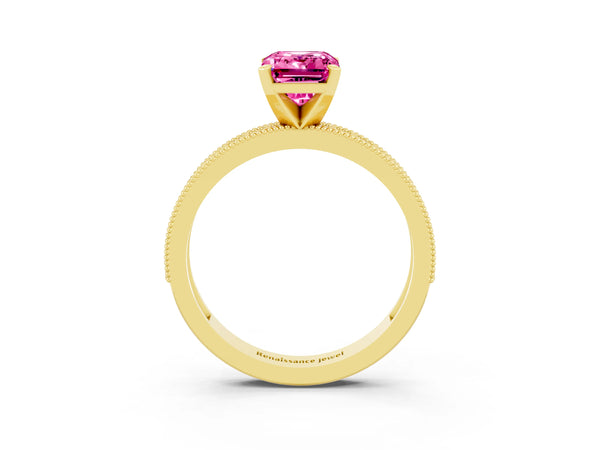Yellow gold Emerald Cut Pink Sapphire Milgrain Pavé Engagement Ring with Four-Prong Setting