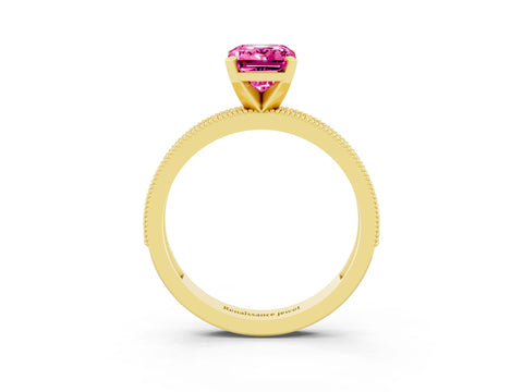 Yellow gold Emerald Cut Pink Sapphire Milgrain Pavé Engagement Ring with Four-Prong Setting_39
