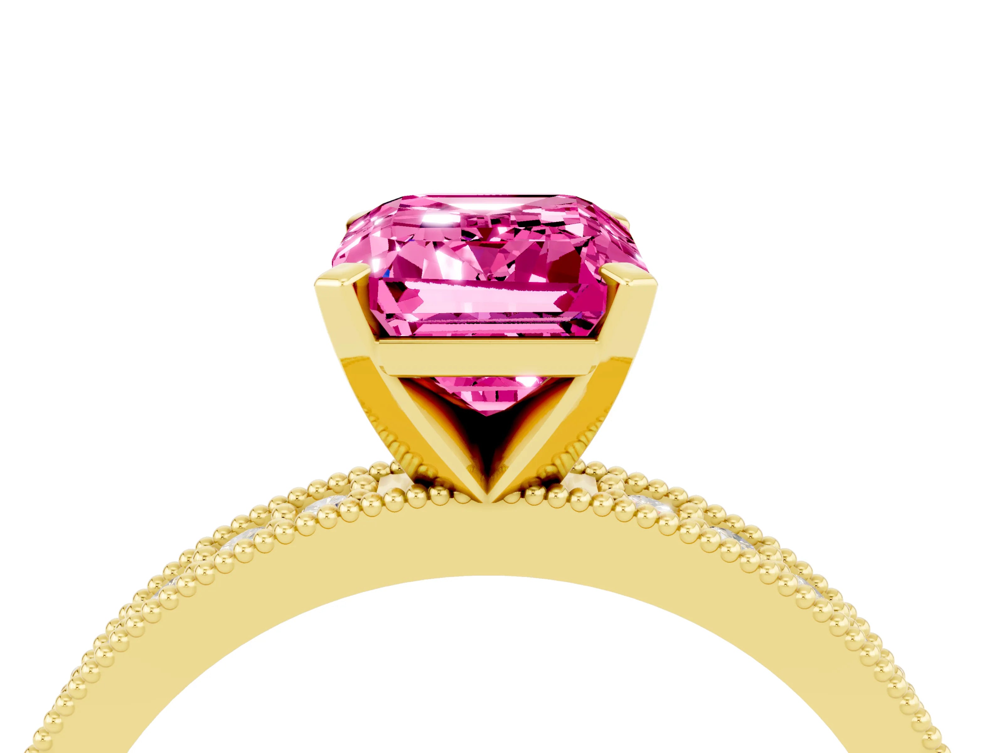 Yellow gold Emerald Cut Pink Sapphire Milgrain Pavé Engagement Ring with Four-Prong Setting_40