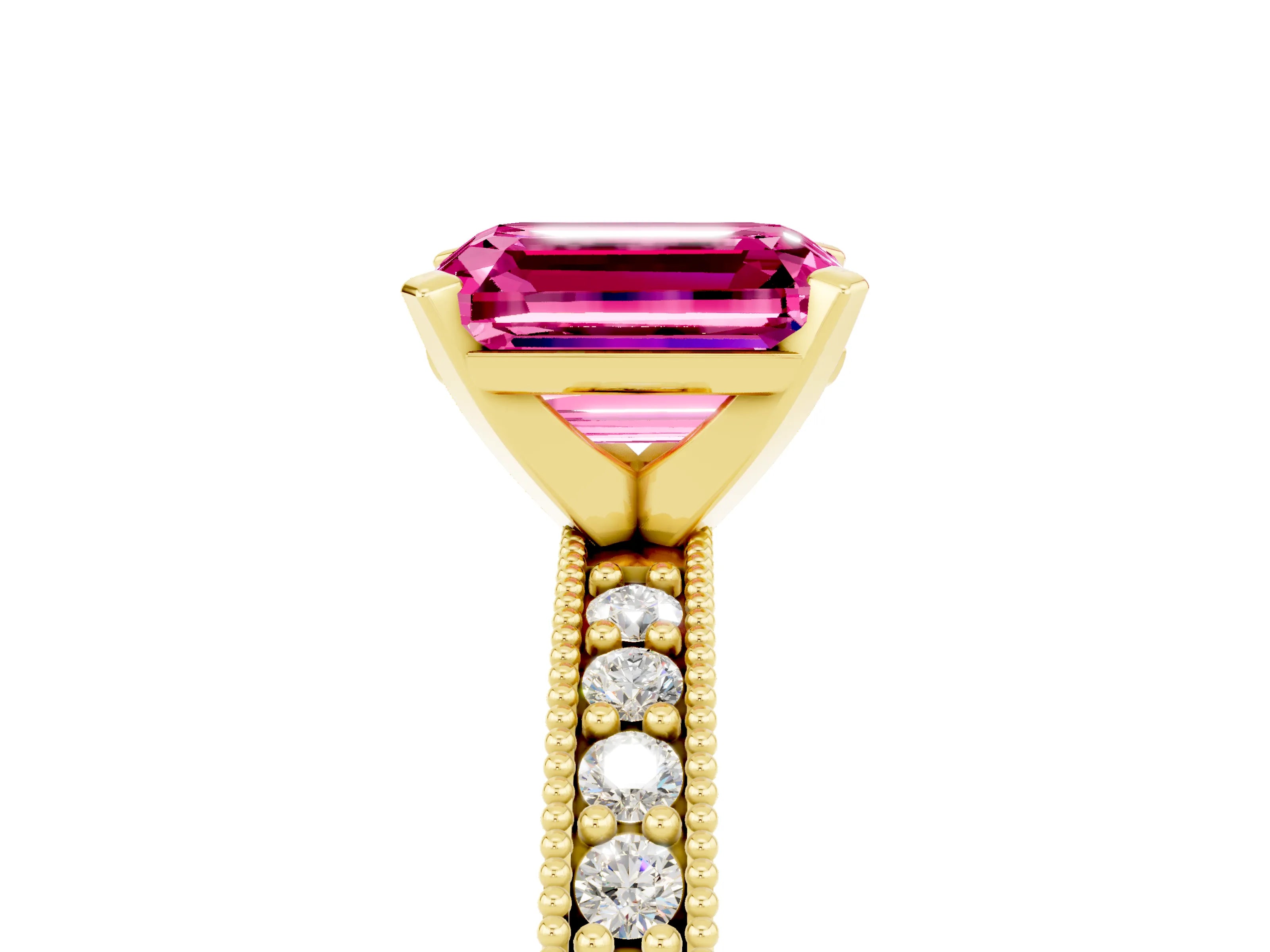 Yellow gold Emerald Cut Pink Sapphire Milgrain Pavé Engagement Ring with Four-Prong Setting_41