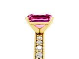 Yellow gold Emerald Cut Pink Sapphire Milgrain Pavé Engagement Ring with Four-Prong Setting_41