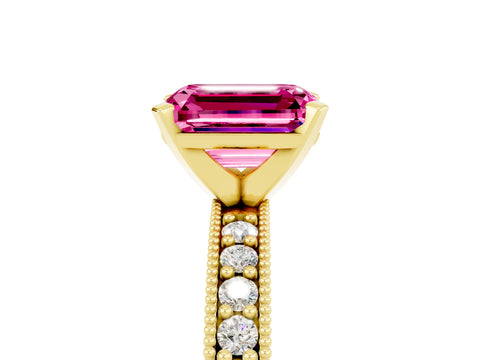 Yellow gold Emerald Cut Pink Sapphire Milgrain Pavé Engagement Ring with Four-Prong Setting_41