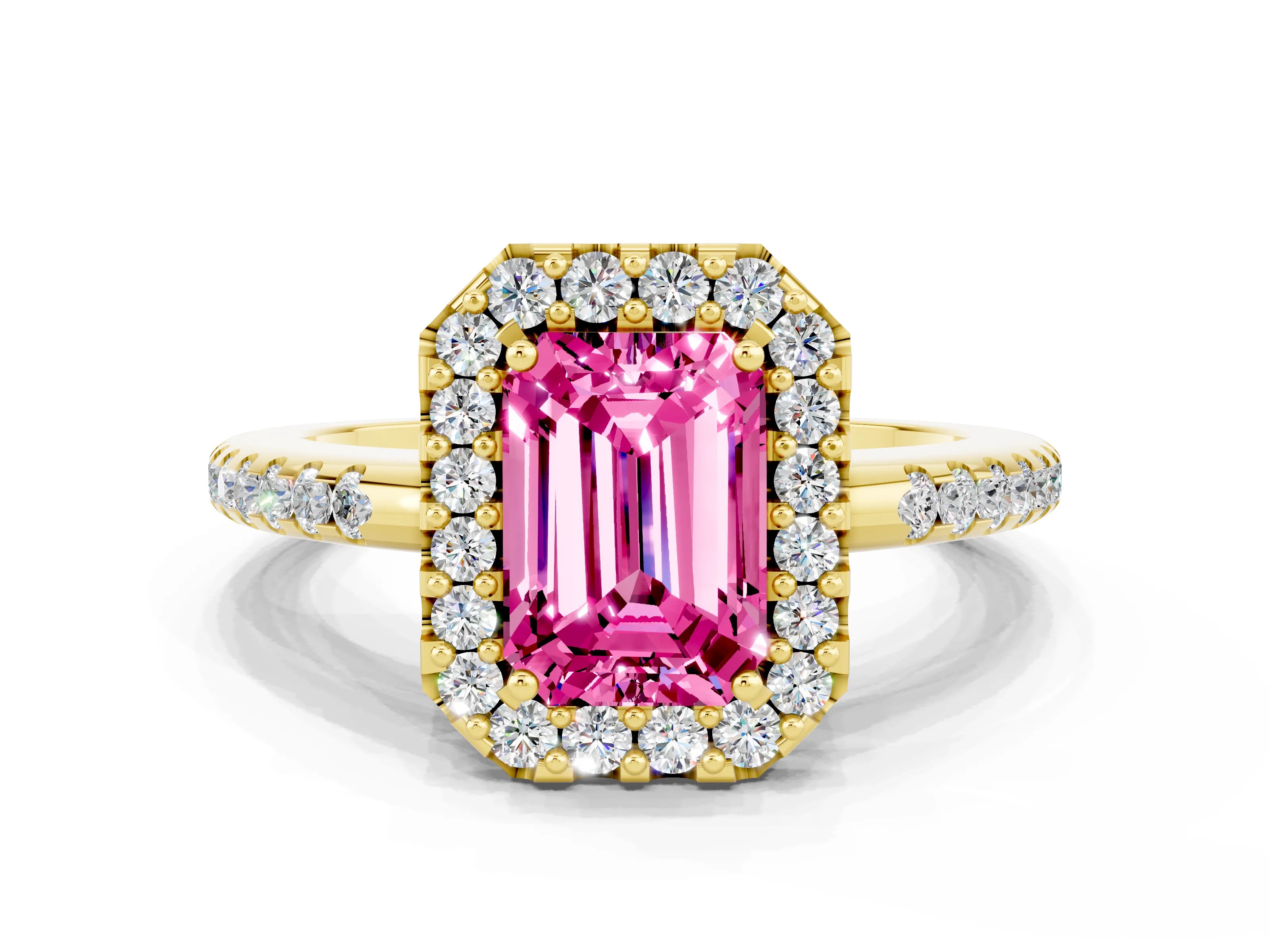 Yellow gold Emerald Cut Pink Sapphire Pavé Halo Ring with Four-Prong Setting_12