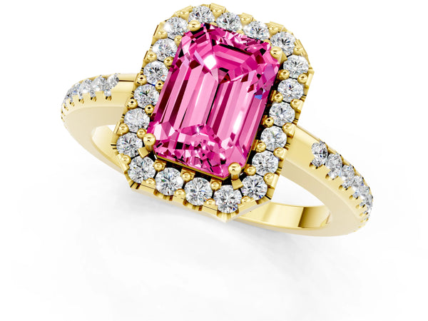 Yellow gold Emerald Cut Pink Sapphire Pavé Halo Ring with Four-Prong Setting