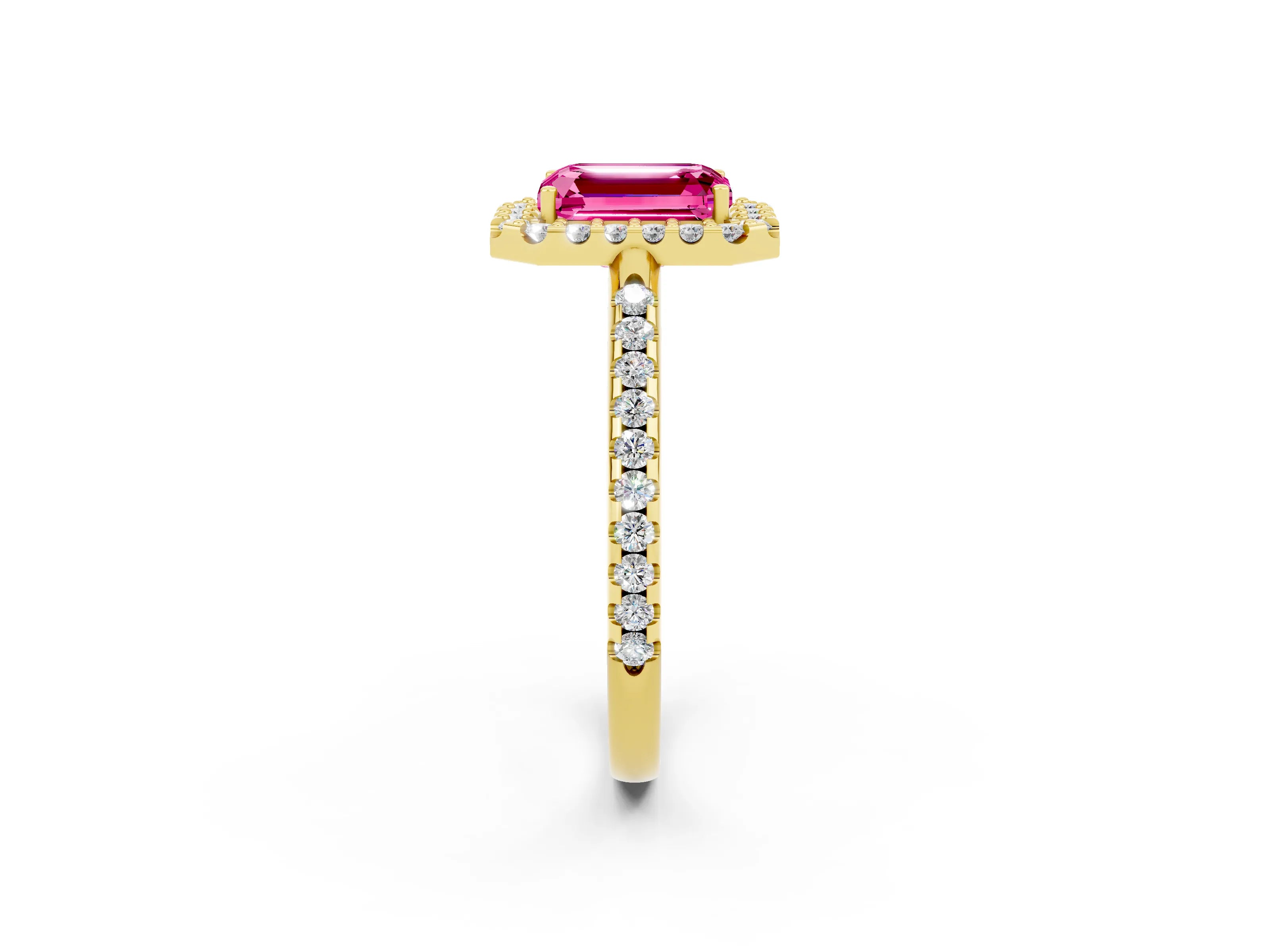Yellow gold Emerald Cut Pink Sapphire Pavé Halo Ring with Four-Prong Setting_14