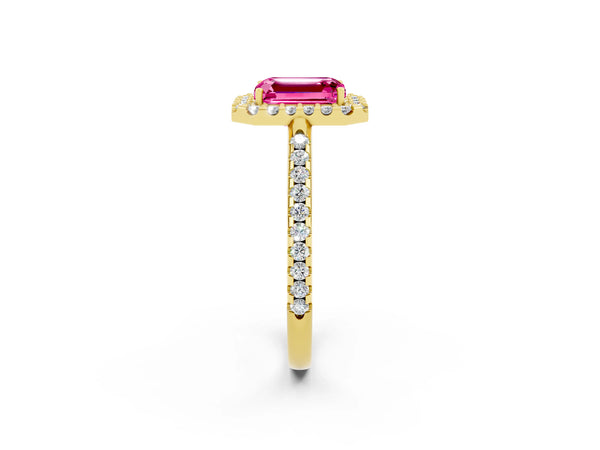Yellow gold Emerald Cut Pink Sapphire Pavé Halo Ring with Four-Prong Setting