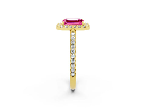 Yellow gold Emerald Cut Pink Sapphire Pavé Halo Ring with Four-Prong Setting_14