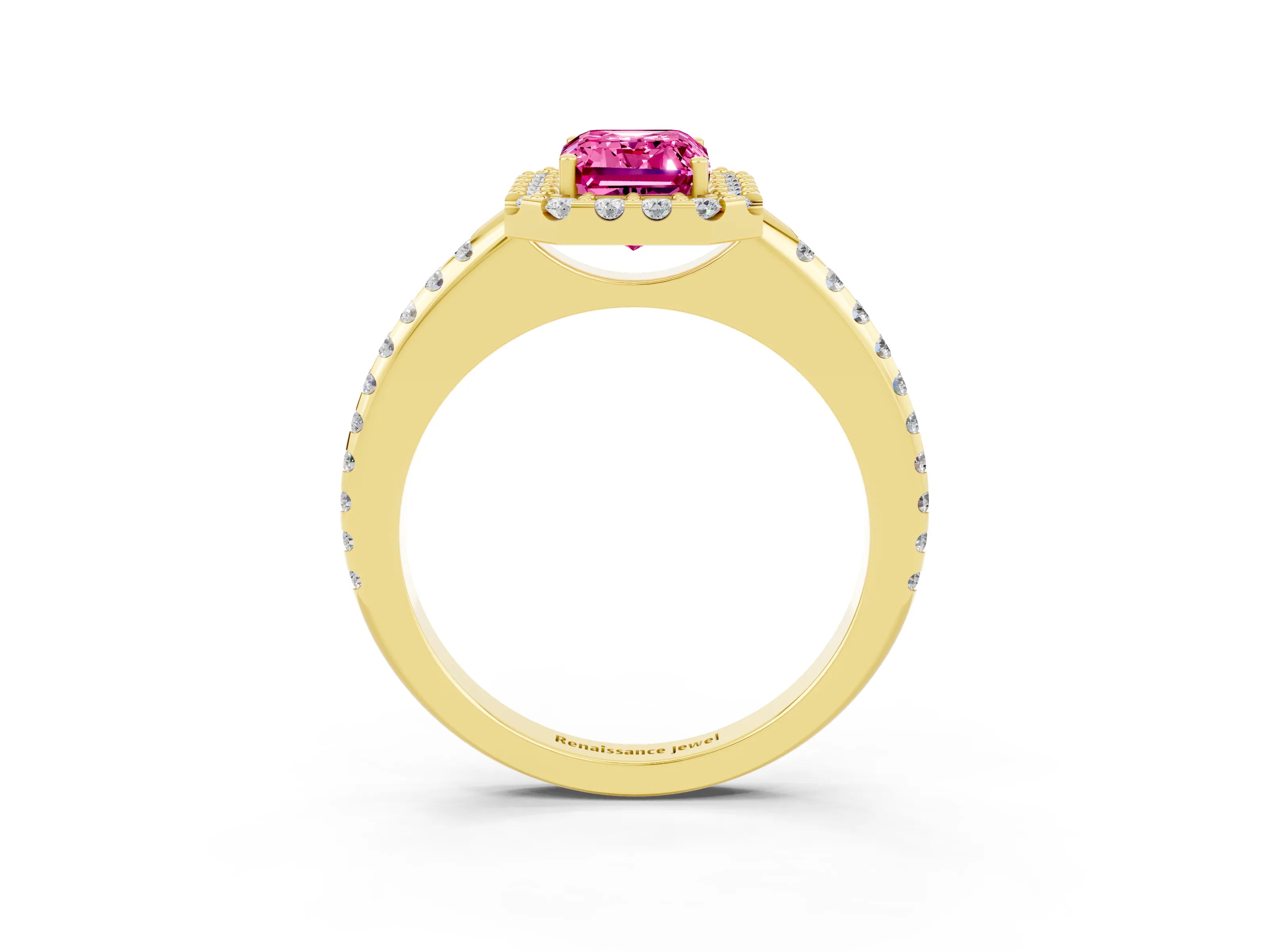 Yellow gold Emerald Cut Pink Sapphire Pavé Halo Ring with Four-Prong Setting_15