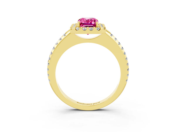 Yellow gold Emerald Cut Pink Sapphire Pavé Halo Ring with Four-Prong Setting