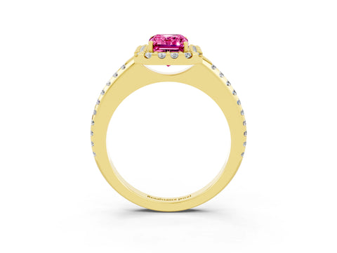 Yellow gold Emerald Cut Pink Sapphire Pavé Halo Ring with Four-Prong Setting_15