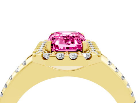 Yellow gold Emerald Cut Pink Sapphire Pavé Halo Ring with Four-Prong Setting_16