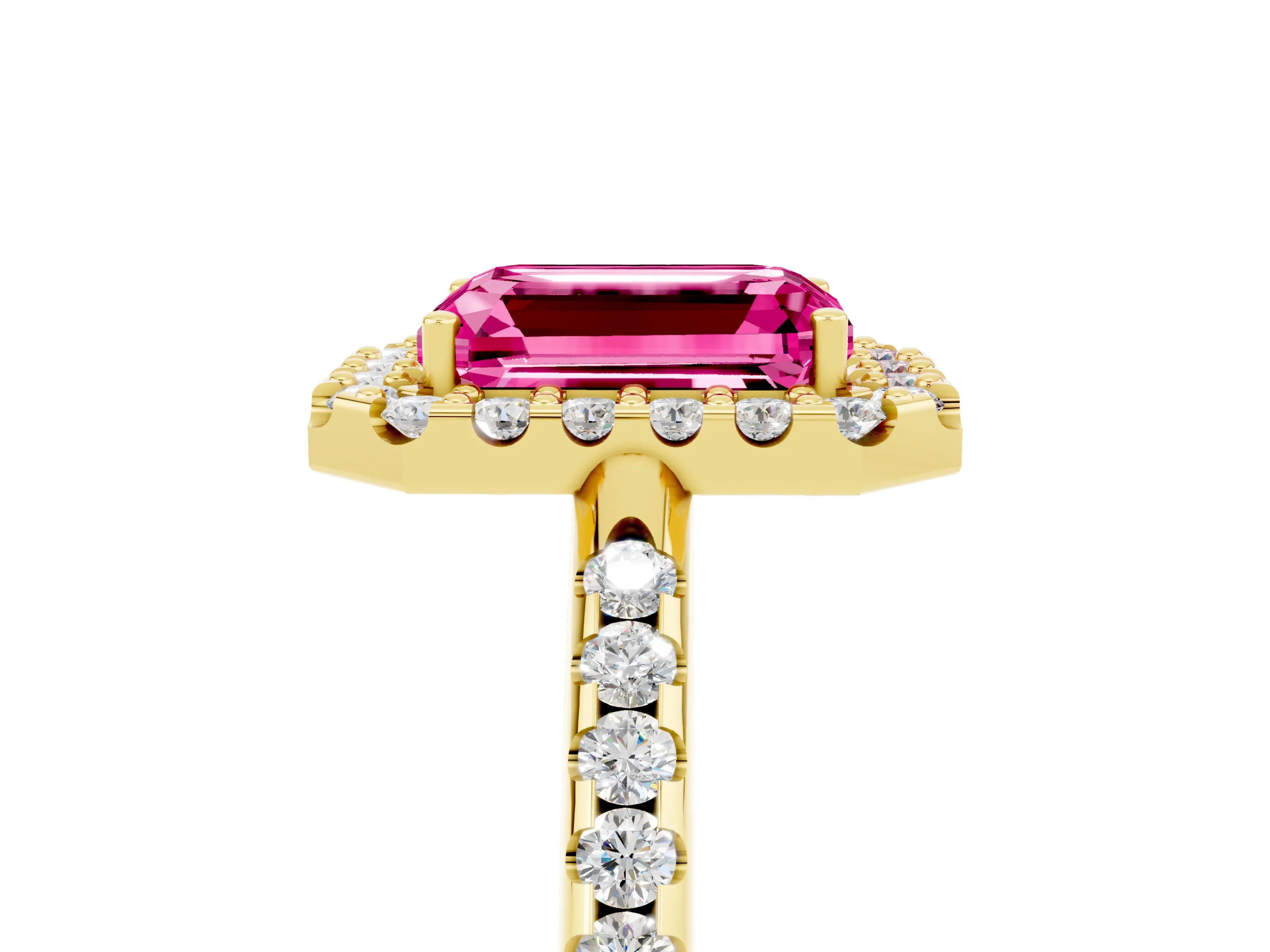 Yellow gold Emerald Cut Pink Sapphire Pavé Halo Ring with Four-Prong Setting_17