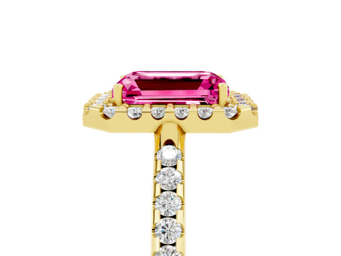 Yellow gold Emerald Cut Pink Sapphire Pavé Halo Ring with Four-Prong Setting_17