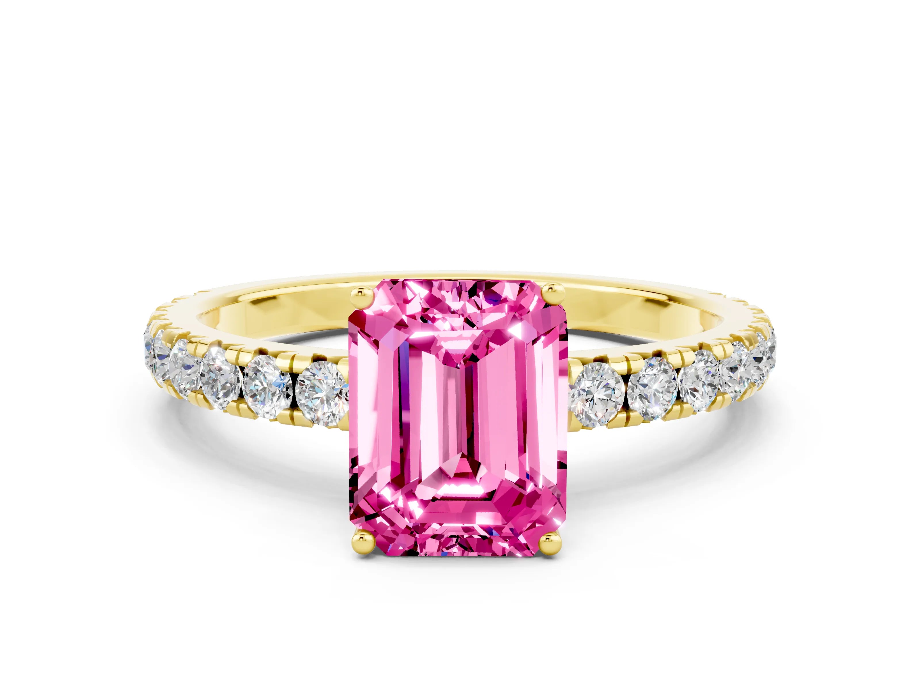Yellow gold Emerald Cut Pink Sapphire Pavé Solitaire Engagement Ring with Four-Prong Setting_12