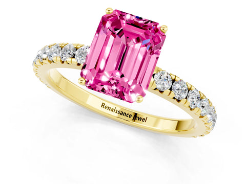 Yellow gold Emerald Cut Pink Sapphire Pavé Solitaire Engagement Ring with Four-Prong Setting_13