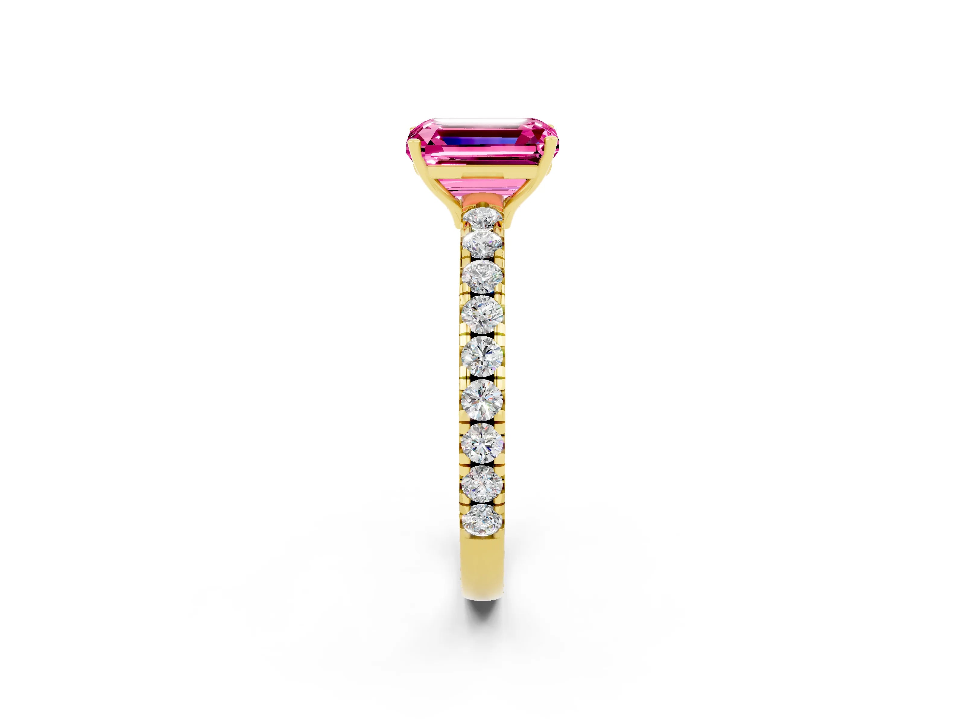 Yellow gold Emerald Cut Pink Sapphire Pavé Solitaire Engagement Ring with Four-Prong Setting_14