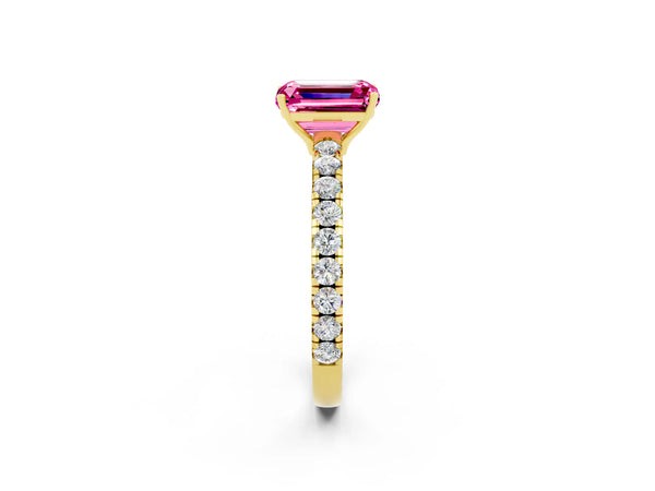 Yellow gold Emerald Cut Pink Sapphire Pavé Solitaire Engagement Ring with Four-Prong Setting