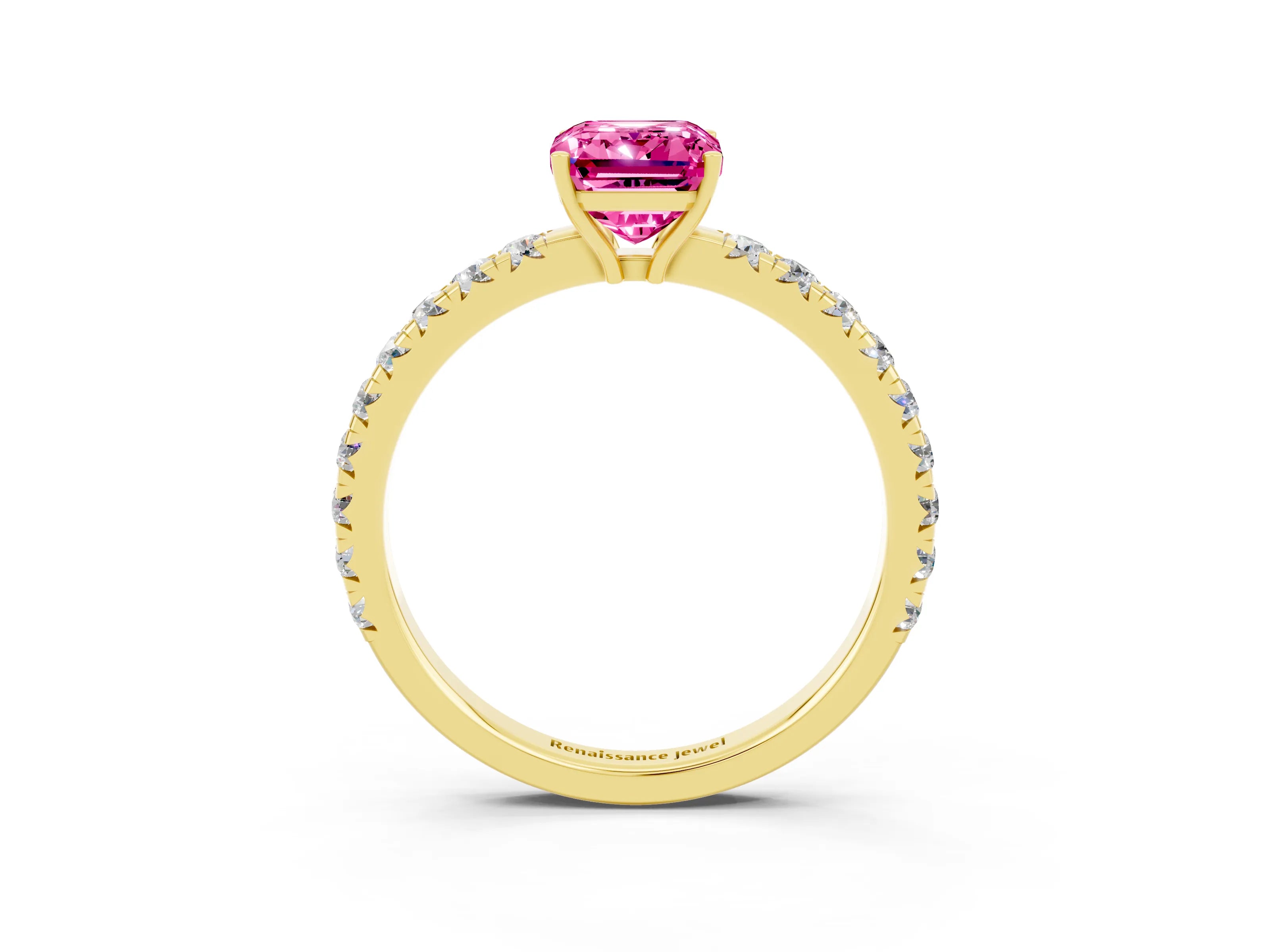 Yellow gold Emerald Cut Pink Sapphire Pavé Solitaire Engagement Ring with Four-Prong Setting_15