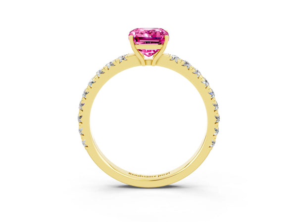 Yellow gold Emerald Cut Pink Sapphire Pavé Solitaire Engagement Ring with Four-Prong Setting