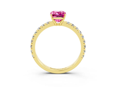 Yellow gold Emerald Cut Pink Sapphire Pavé Solitaire Engagement Ring with Four-Prong Setting_15