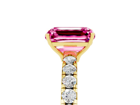 Yellow gold Emerald Cut Pink Sapphire Pavé Solitaire Engagement Ring with Four-Prong Setting_17