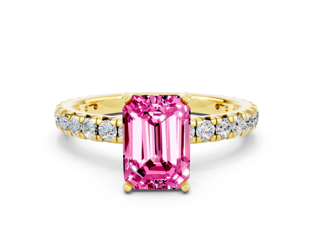 Yellow gold Emerald Cut Pink Sapphire Pavé Solitaire Ring with Round Band and Prong Setting_12