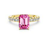 Yellow gold Emerald Cut Pink Sapphire Pavé Solitaire Ring with Round Band and Prong Setting_12