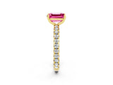 Yellow gold Emerald Cut Pink Sapphire Pavé Solitaire Ring with Round Band and Prong Setting_14