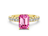 Yellow gold Emerald Cut Pink Sapphire Pavé Solitaire Ring with Round Band and Prong Setting_24