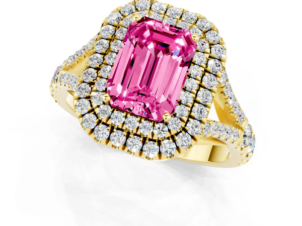 Yellow gold Emerald Cut Pink Sapphire Pavé Split Shank Double Halo Engagement Ring