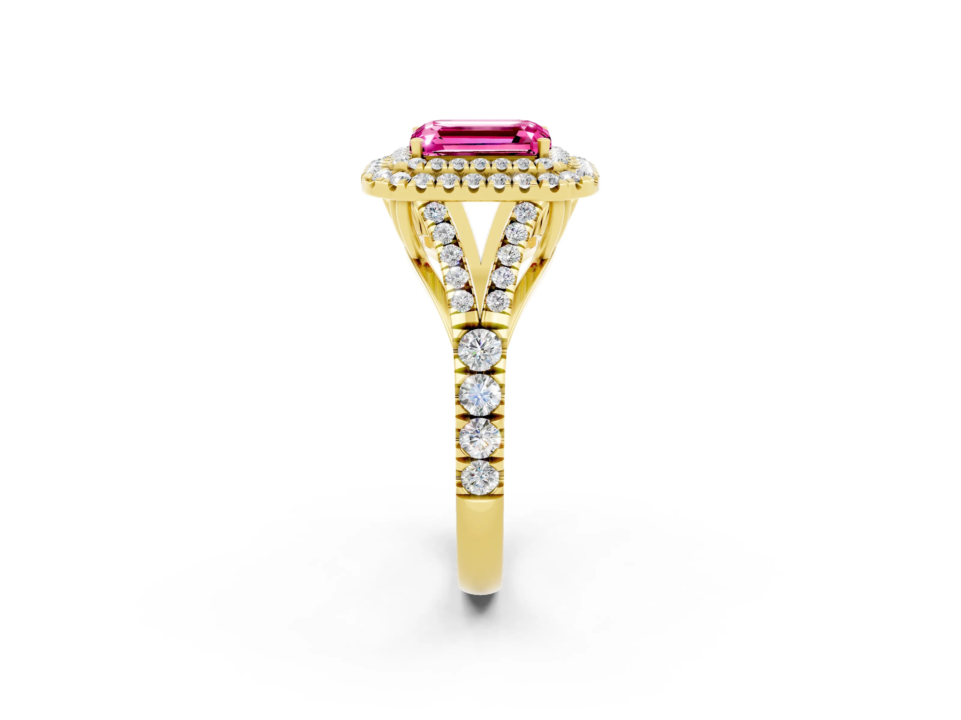 Yellow gold Emerald Cut Pink Sapphire Pavé Split Shank Double Halo Engagement Ring_2
