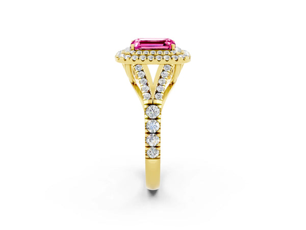 Yellow gold Emerald Cut Pink Sapphire Pavé Split Shank Double Halo Engagement Ring